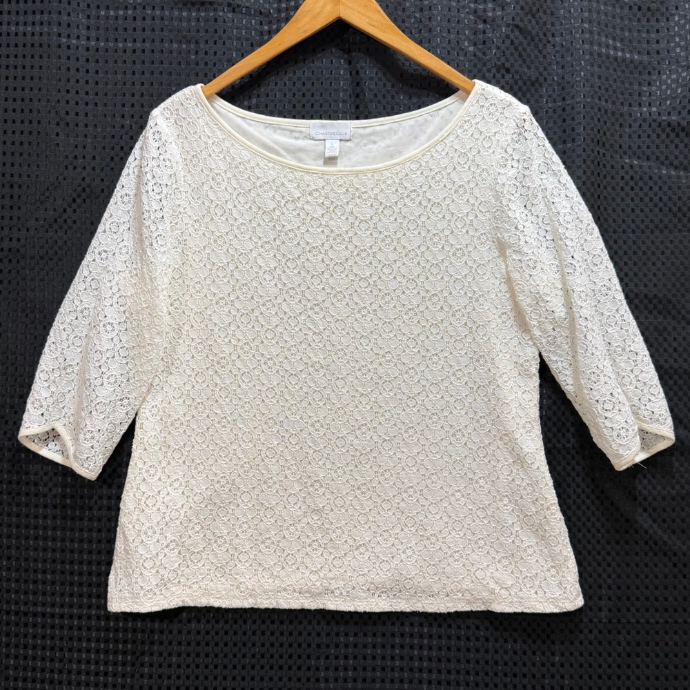 Charter Club Lace Top Womens L Cream White 3/4 Sleeve Boat Neck Coquette Classic